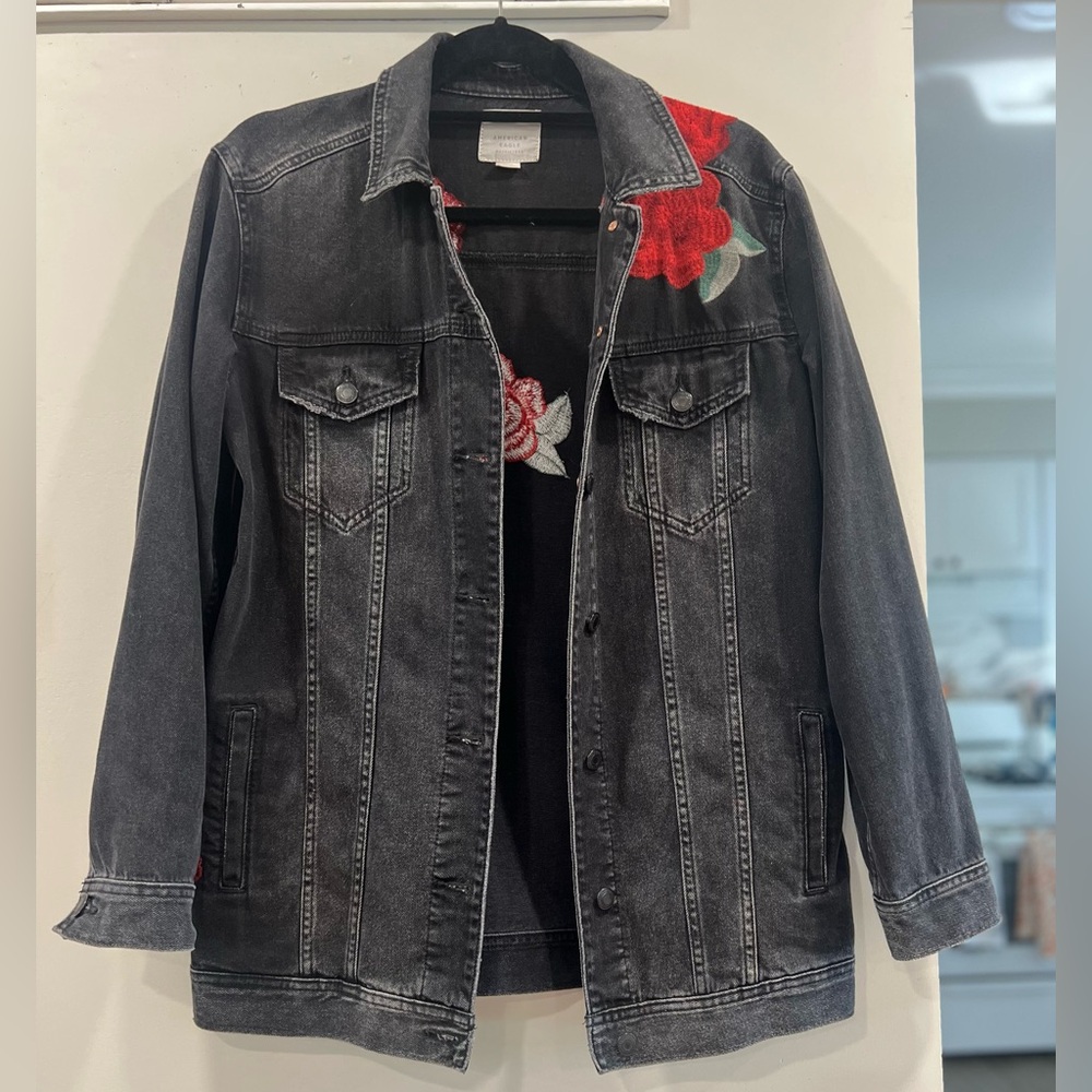 American Eagle Black Denim Rose Embroidered Jacket